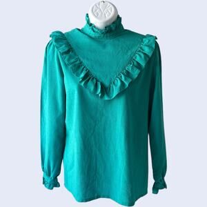 Elit International Coquette Ruffle Blouse - Green High Neck 1980s Vintage